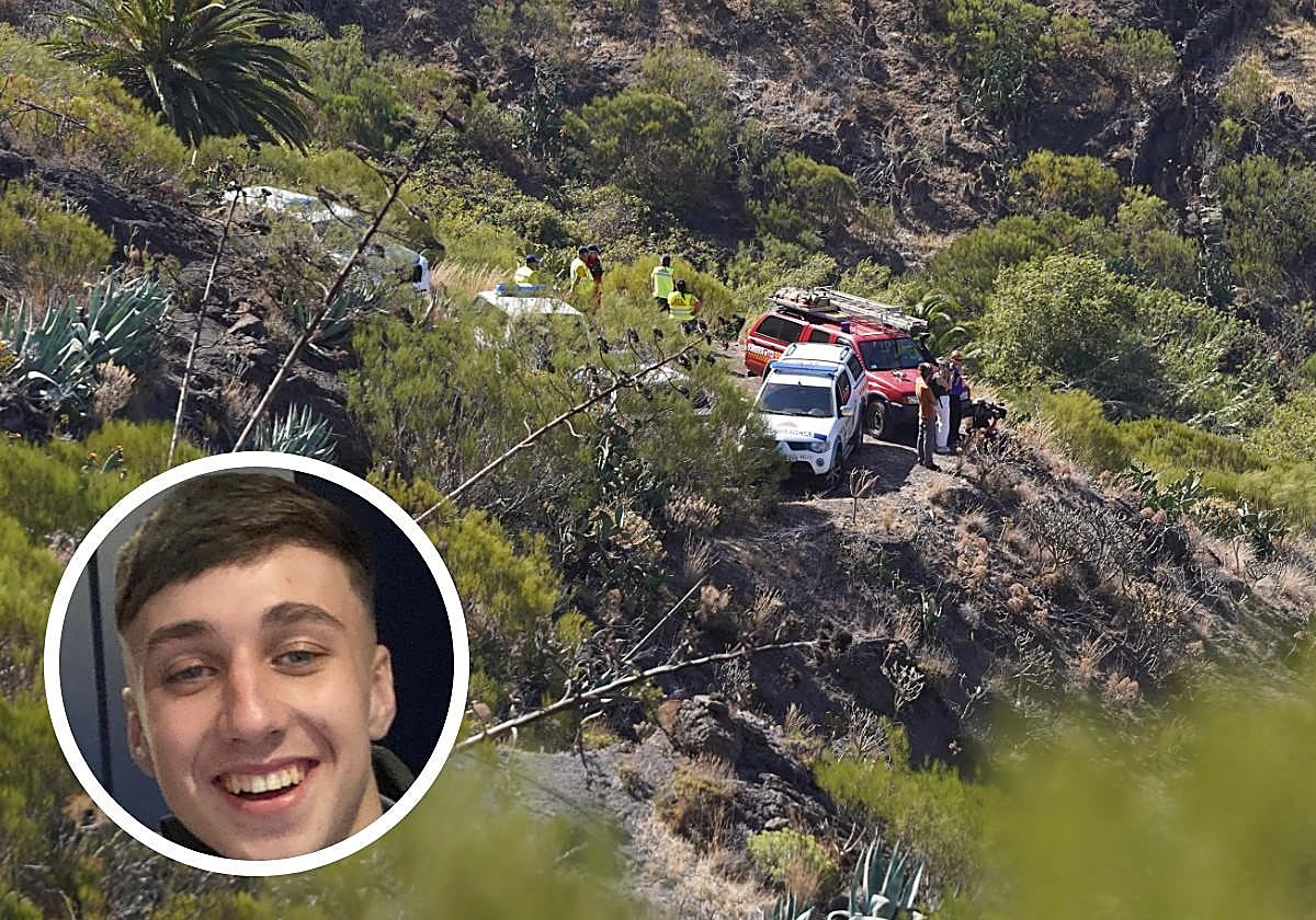 El equipo de búsqueda de Jay Slater el pasado domingo en el parque rural de Teno. A la izquierda, el joven en una instantánea difundida por la familia