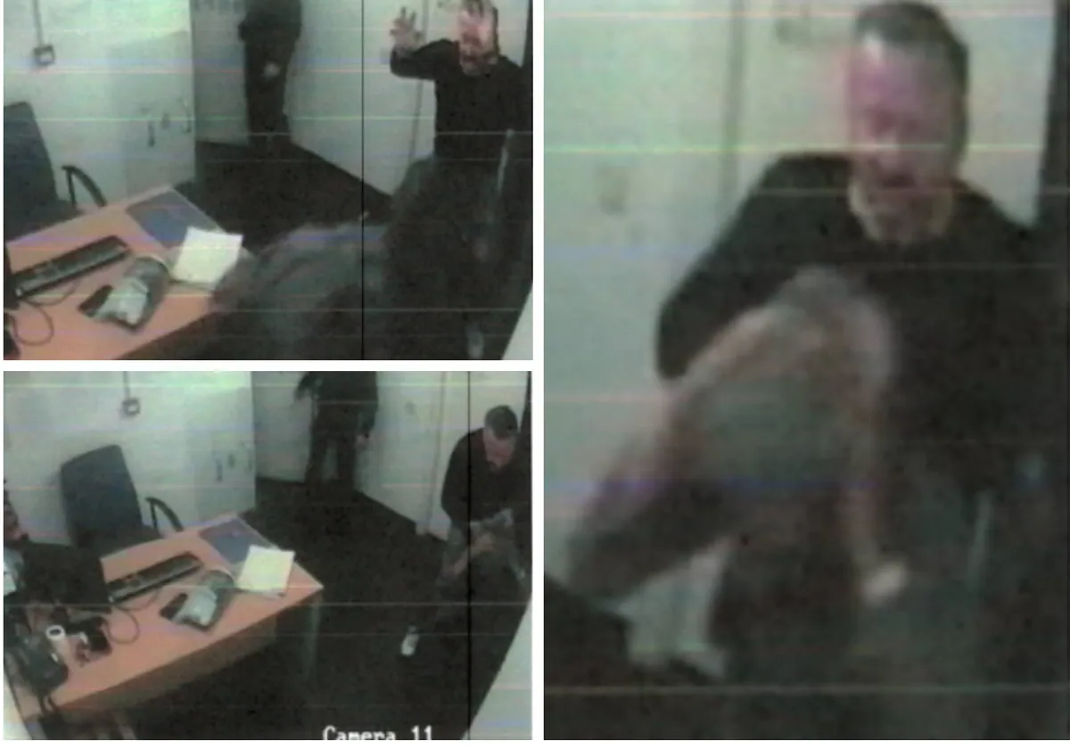 Imágenes de las grabaciones aportadas al juzgado en las que se ve al inspector F.H. agarrando por la ropa a la víctima y empujándola contra un banco