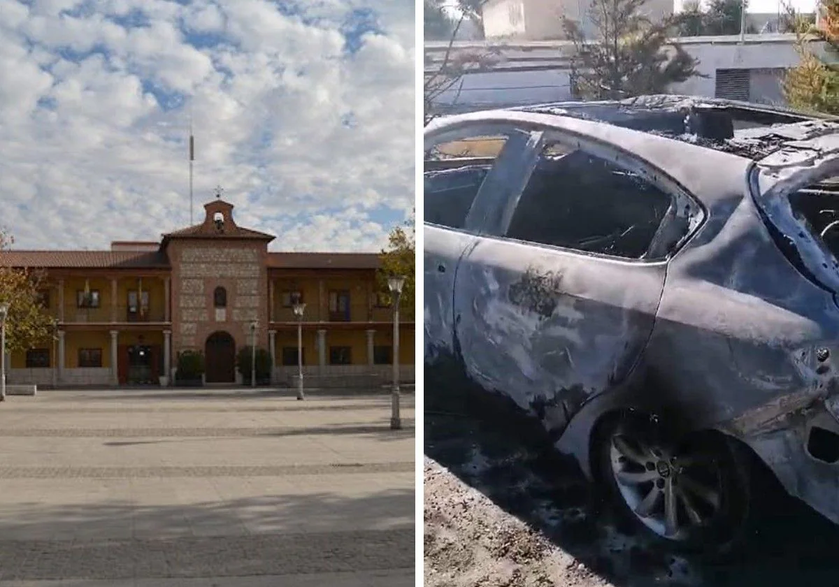 Ayuntamiento de San Martín de la Vega y, a la derecha, un coche quemado el domingo pasado, el barrio de Parque Blanco
