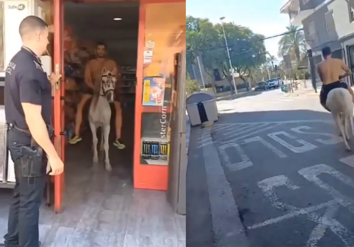 Un jinete sale a lomos de su caballo de una tienda 24 horas de Elche