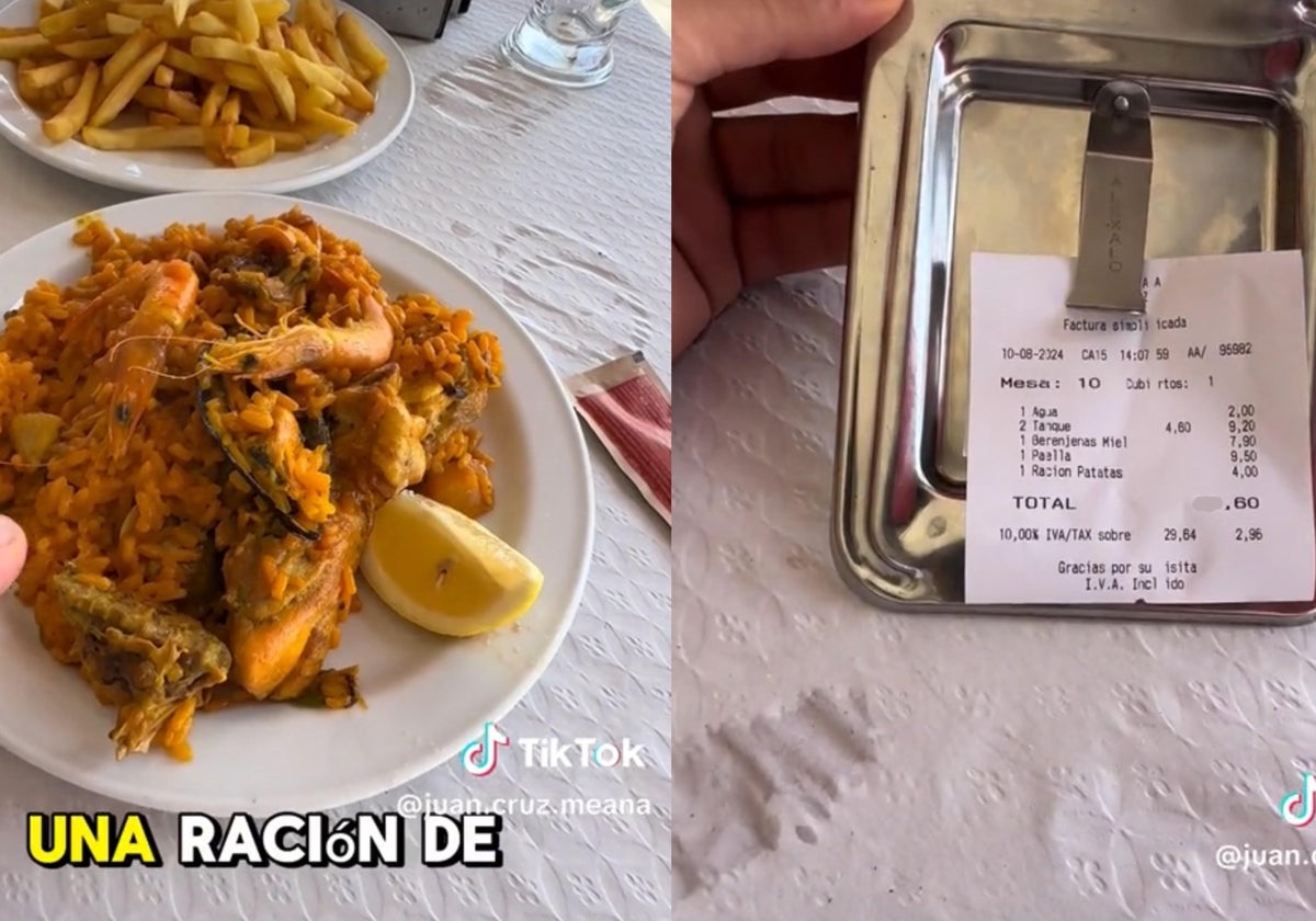 Imagen de la paella y la cuenta de un restaurante junto a la playa de Burriana, en Castellón