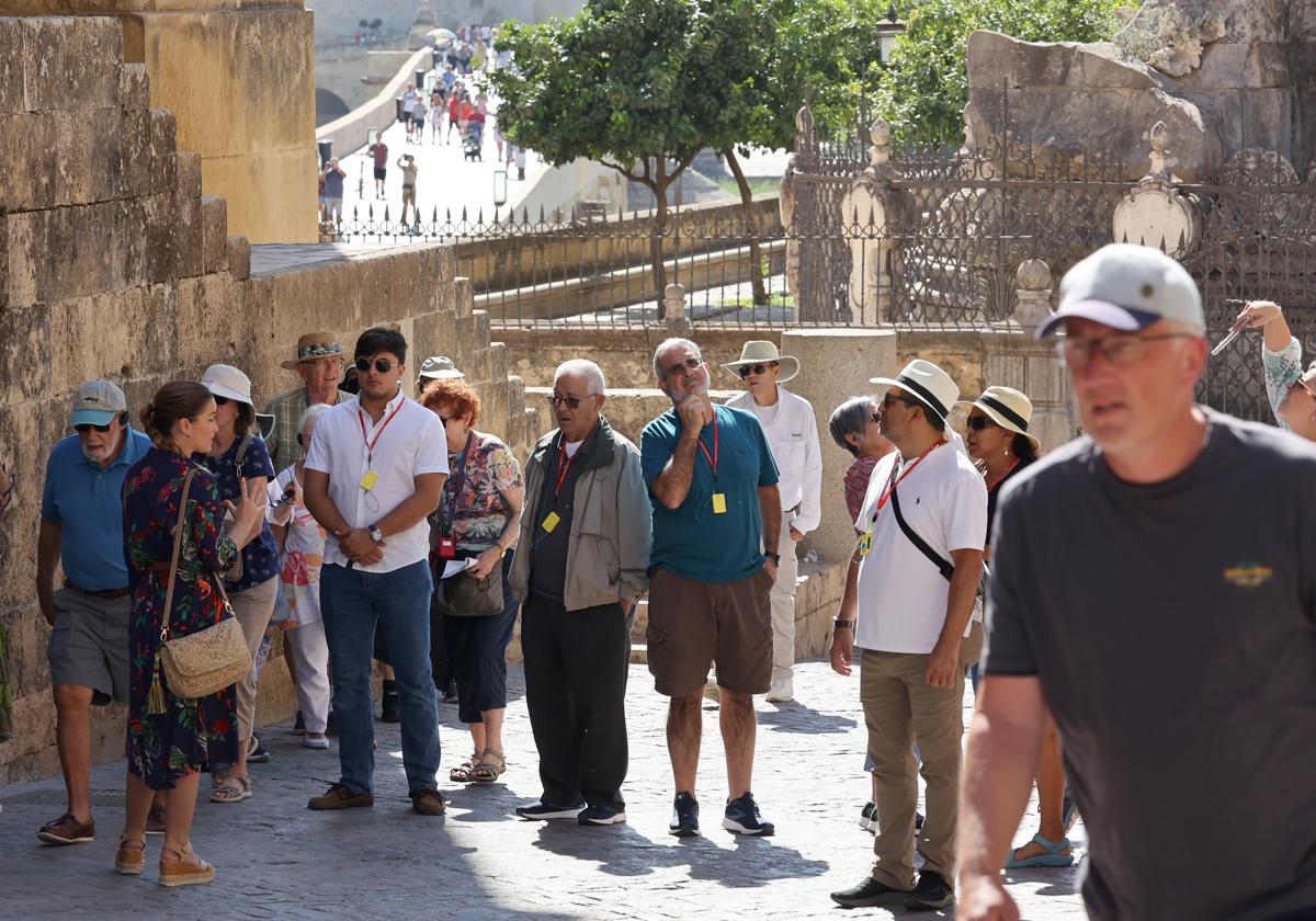 Una guía con un grupo de turistas extranjeros en el entorno de la Mezquita-Catedral