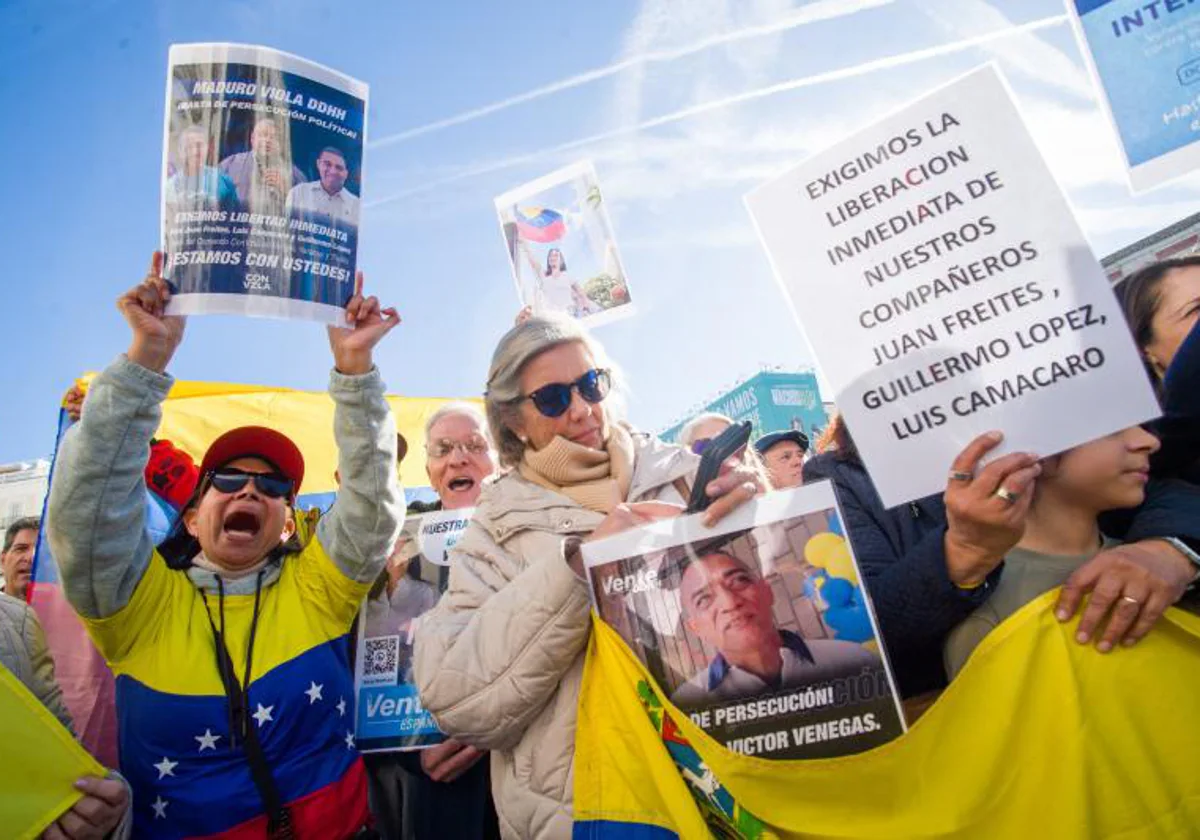 Venezolanos durante una manifestación en Madrid del pasado febrero