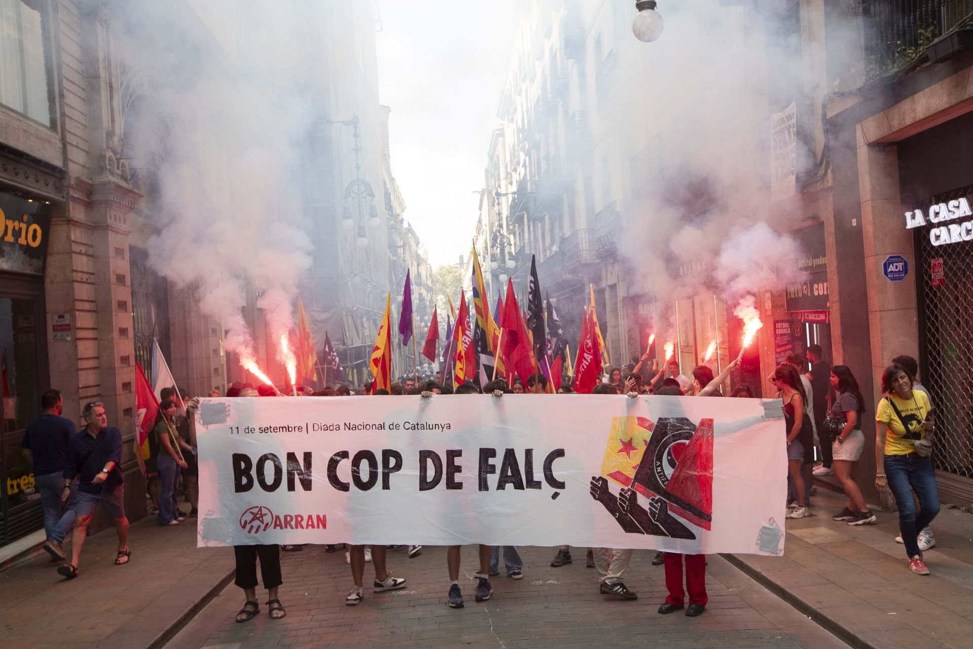 Varios centenares de personas convocadas por la organización juvenil Arran, vinculada a la CUP, han participado en la manifestación convocada con motivo de la Diada