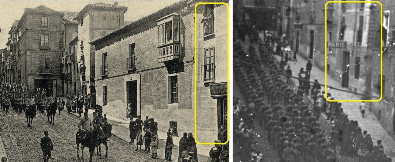 La cuesta del Alcázar era el paso habitual de los alumnos de la Academia Militar para cumplir su formación. A la izquierda, bajan camino de Alijares en 1907; en el recuadro aparece parte de la entrada al Gran Hotel Toledano que gestionó Marcelino Fernández Martín entre 1903 y 1912. En la imagen derecha, las secciones pasan ante el rótulo del Hotel París en un momento fechado entre 1912 y 1915, pues la fachada aún no había sido renovada por González Saz. Archivo Municipal de Toledo