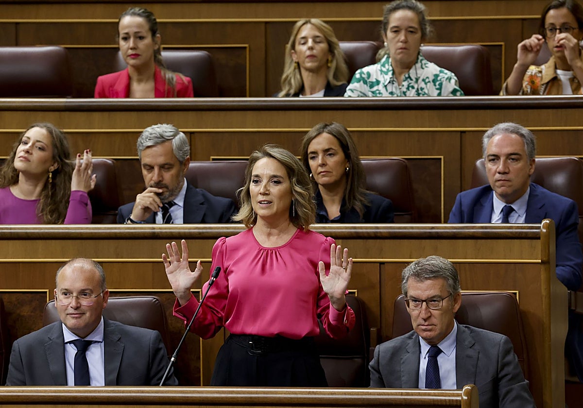 El portavoz del PP en el Congreso, Miguel Tellado, su secretaria general, Cuca Gamarra, y su líder, Alberto Núñez Feijóo, durante una pregunta parlamentaria a la vicepresidenta primera, María Jesús Montero