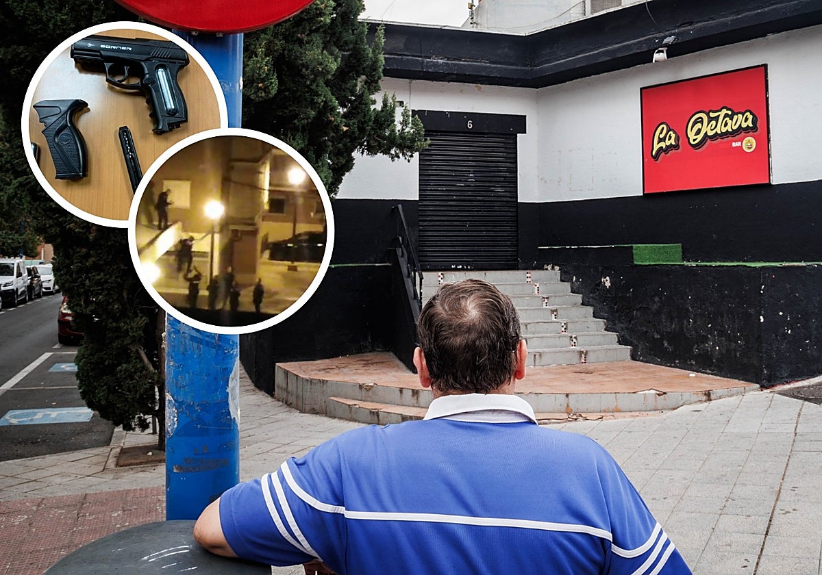 Un vecino mira al local de La Octava, cerrado desde la reyerta acaecida el 16 de septiembre; en los círculos, la pistola que los agentes encontraron en el tejado en mayo