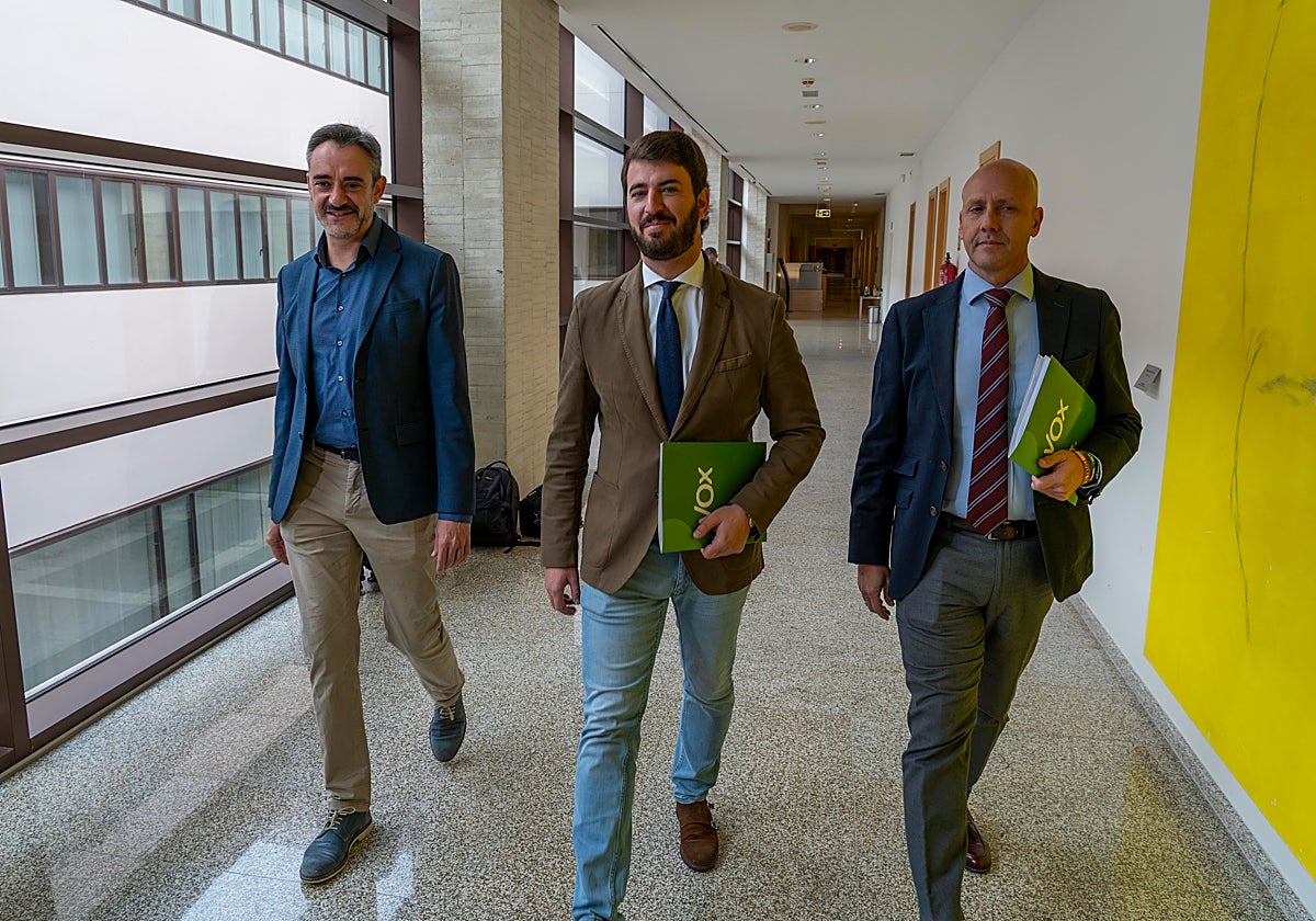 El portavoz y portavoz adjunto del Grupo Parlamentario VOX, Juan García-Gallardo y Carlos Menéndez, presentan en rueda de prensa la proposición de ley de Reforma del Diálogo Social