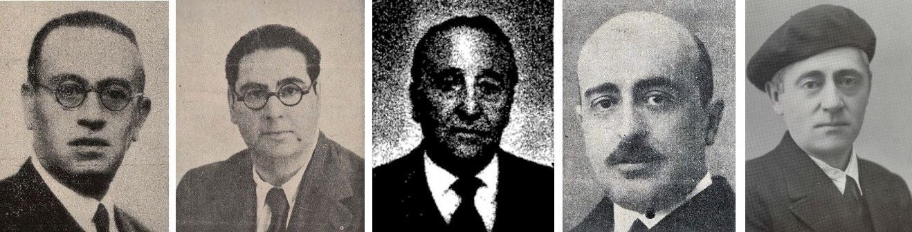 De izquierda a derecha, cuatro presidentes en los primeros años del Rotary Club de Toledo: el abogado José Esteban-Infantes Martín, el notario Diego Soldevilla Guzmán, el ingeniero de Obras Públicas Jose Gallarza Cebeira y el abogado del Estado Wenceslao Manzaneque Fraile. En quinto lugar, el profesor y escritor Felix Urabayen Guindo