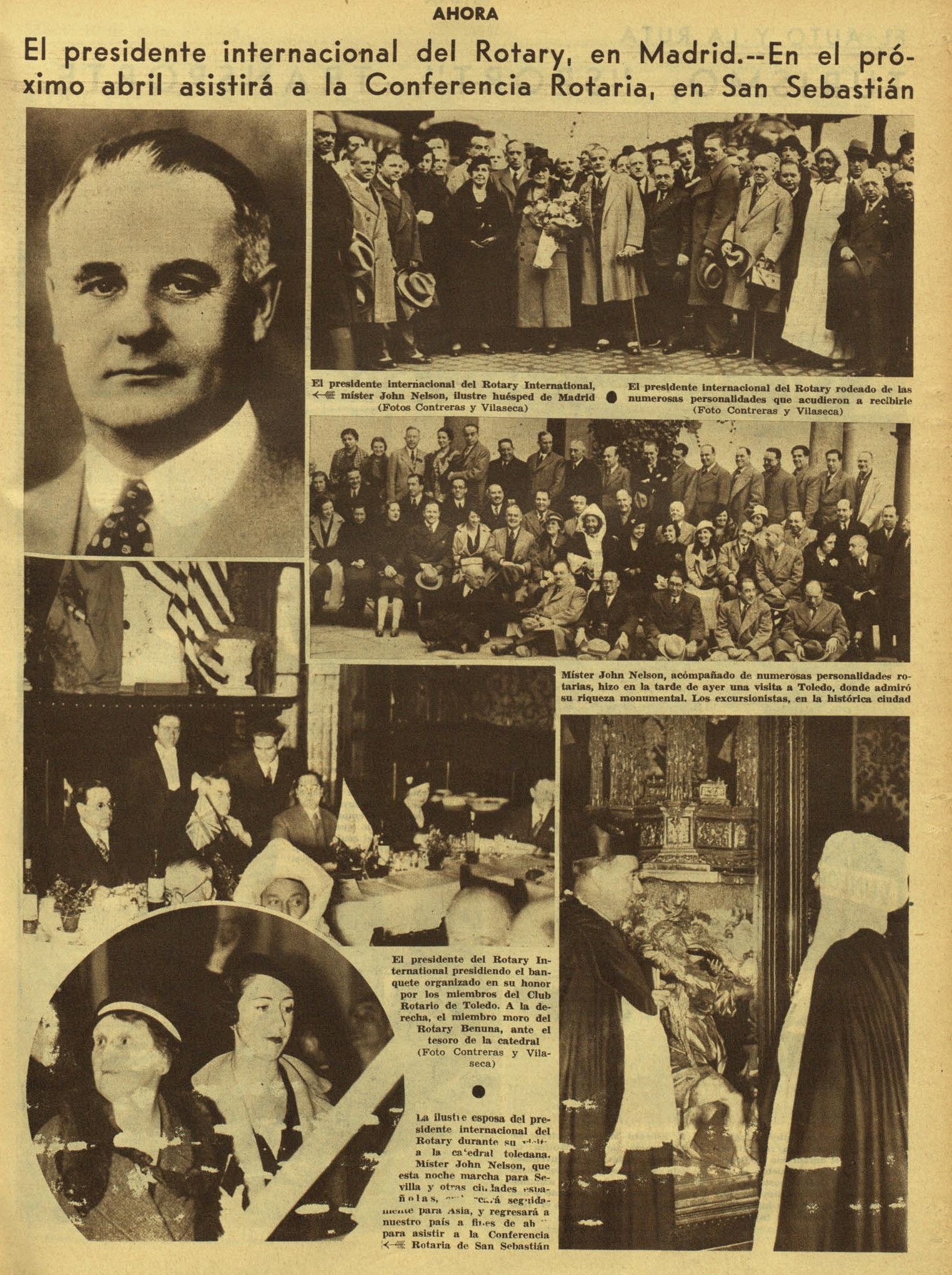La visita de presidente del Rotary Internacional a Toledo fue recogida en una página del diario madrileño Ahora (10 de marzo de 1934) con escenas en el patio de Tavera, el protocolario banquete en el Castilla y la visita a la Catedral