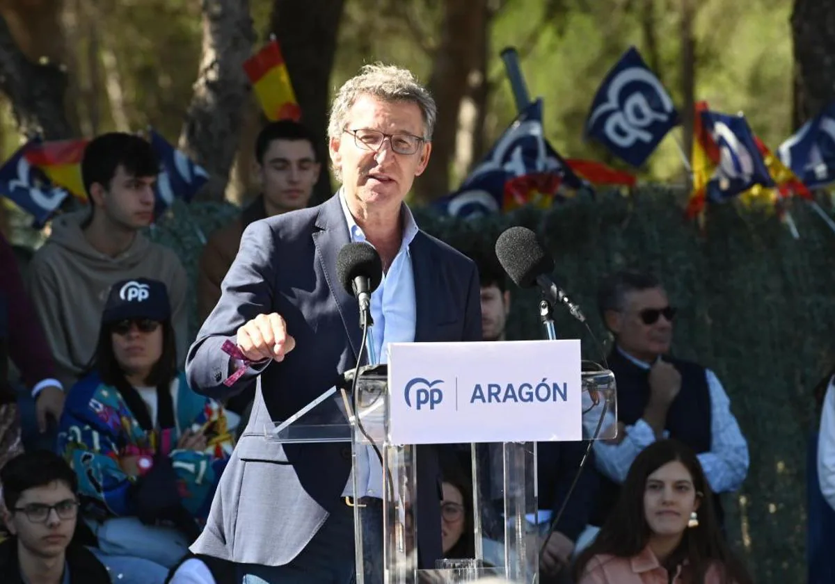 El presidente del Partido Popular, Alberto Núñez, interviene durante el acto del Día del Afiliado del PP de Aragón