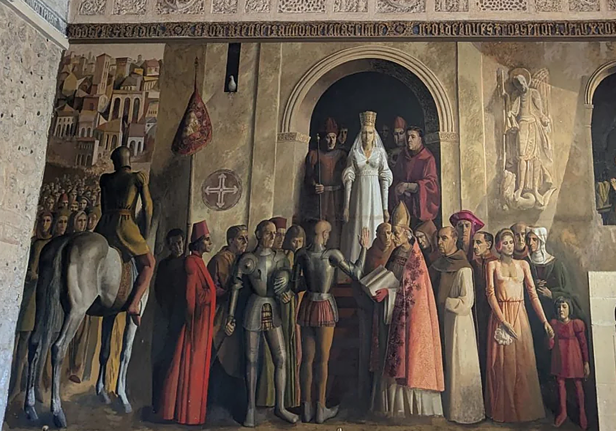 Pintura que recrea la proclamación de Isabel la Católica en la Sala de la Galera del Alcázar de Segovia, obra de Carlos Muñoz de Pablos