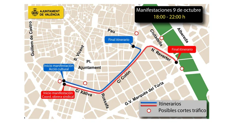 Calles cortadas al tráfico en Valencia el martes 8 y el miércoles 9 de octubre por el castillo, los Moros y Cristianos, la Procesión Cívica y las manifestaciones