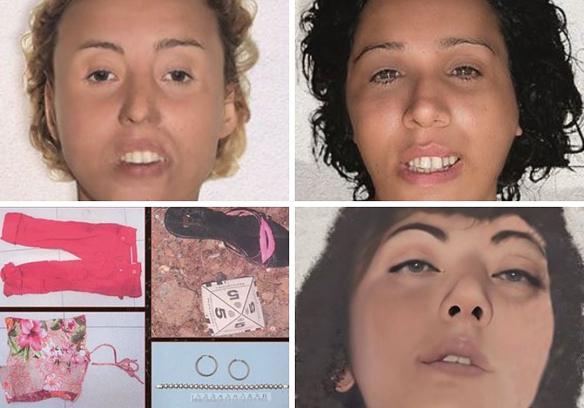 Tres de las mujeres cuyos cadáveres permanecen sin identificar. Abajo a la izquierda, pertenencias de una cuarta fallecida en Cataluña