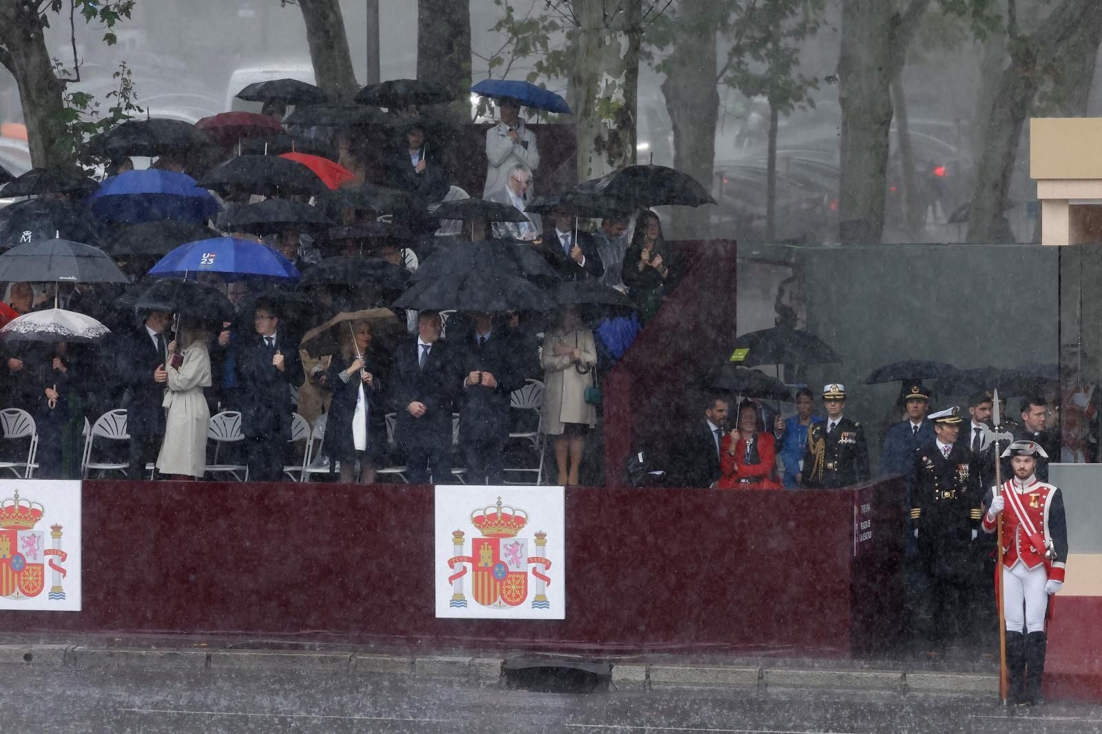 El intenso aguacero ha empañado el desfile militar y ha provocado que las fuerzas aéreas no hayan podido participar en el acto