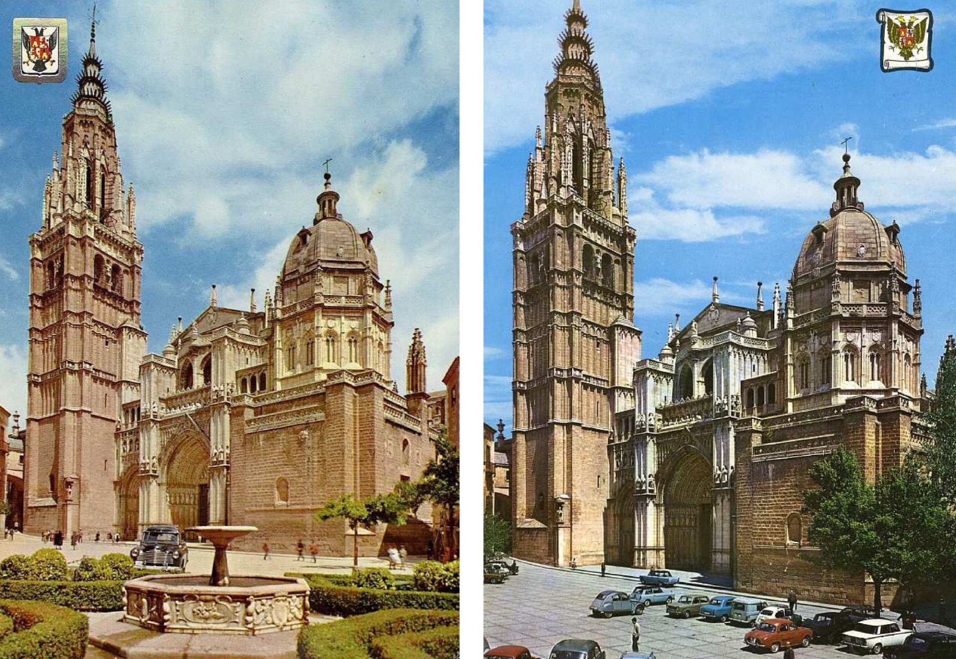 Concluida la reforma de 1953, la lonja de la Catedral quedó libre del cerramiento del siglo XVII. La ornamentación de la plaza se redujo a unos setos y una fuente-surtidor. Sin ningún elemento más, la plaza sería un aparcamiento de vehículos hasta 1979. Ambos aspectos los recuerdan dos postales de Ediciones Pisa y Pergamino, respectivamente, comercializadas a partir de 1961. Archivo Municipal de Toledo