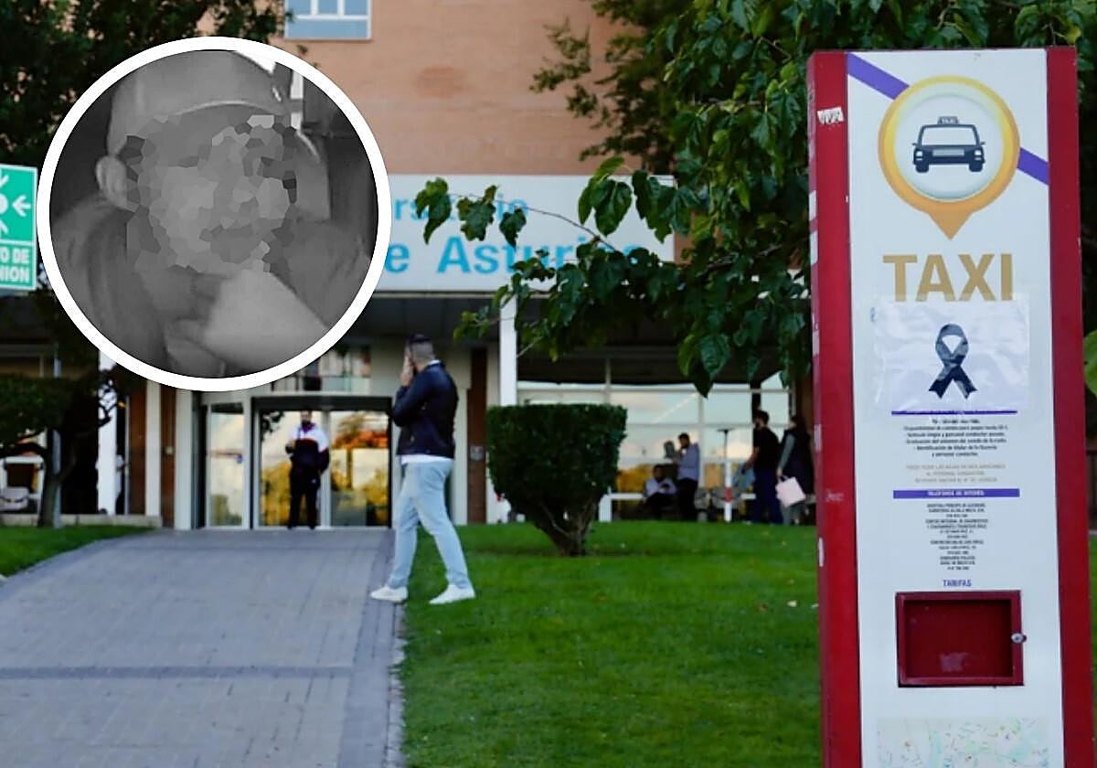 Un lazo negro, en la parada de taxis del hospital de Alcalá de Henares; en el círculo, el detenido por el apuñalamiento