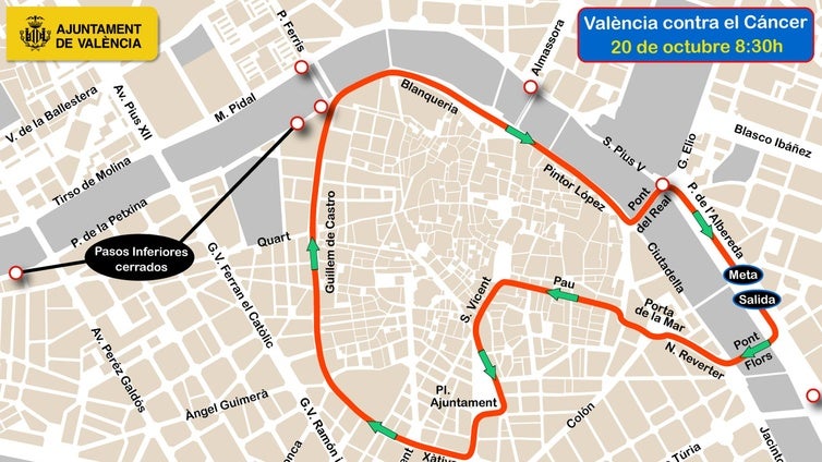 Calles cortadas y líneas de la EMT desviadas en Valencia el domingo 20 de octubre por la carrera contra el cáncer