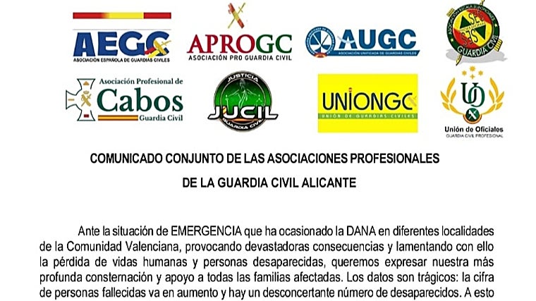 Encabezamiento del comunicado de prensa conjunto de ocho asociaciones profesionales de la Guardia Civil