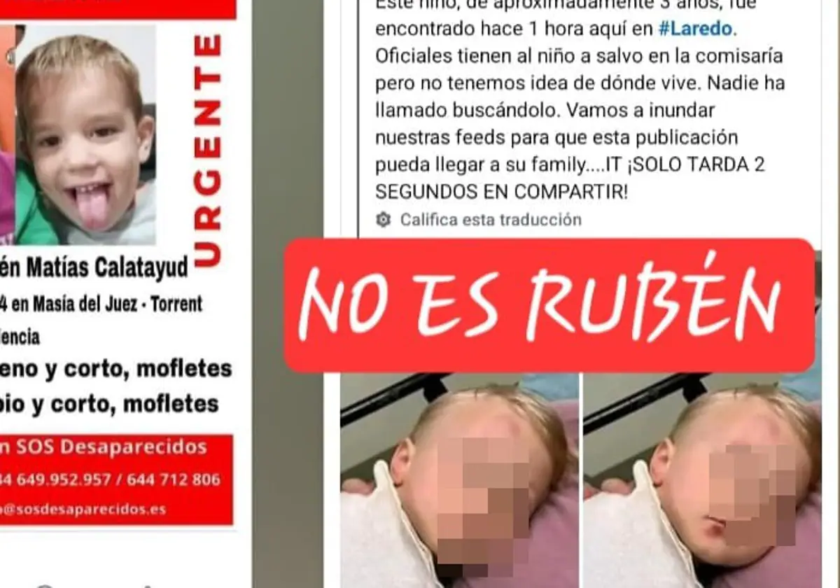 Imagen de Rubén (izq), niño desaparecido en Torrent a causa de la DANA, y a la derecha el bulo desmentido por SOS Desaparecidos