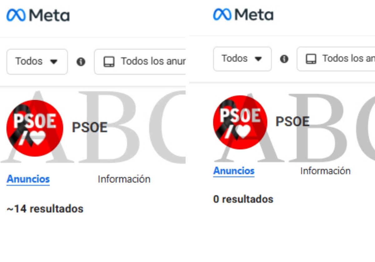 Los anuncios del PSOE activos (a la izquierda) y desactivados a la derecha