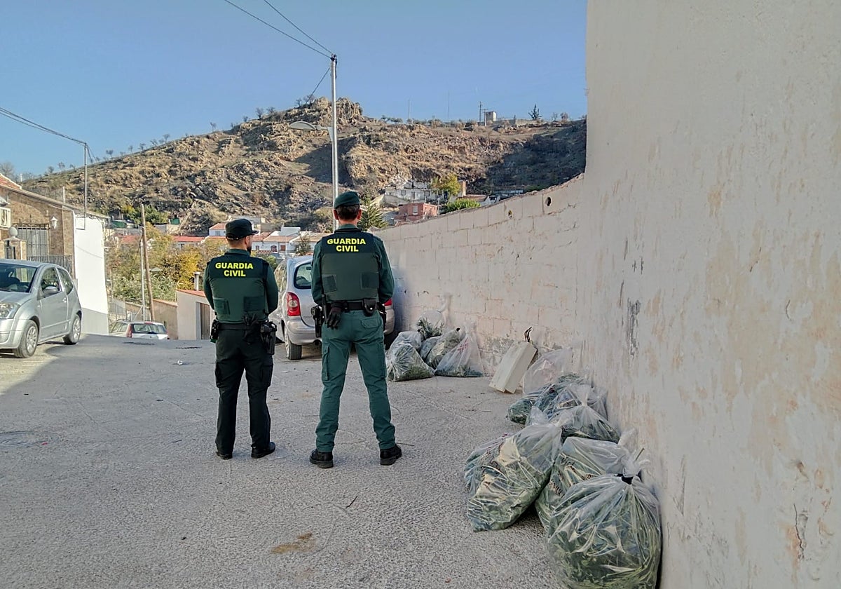Dos agentes de la Guardia Civil, junto a parte de la droga incautada