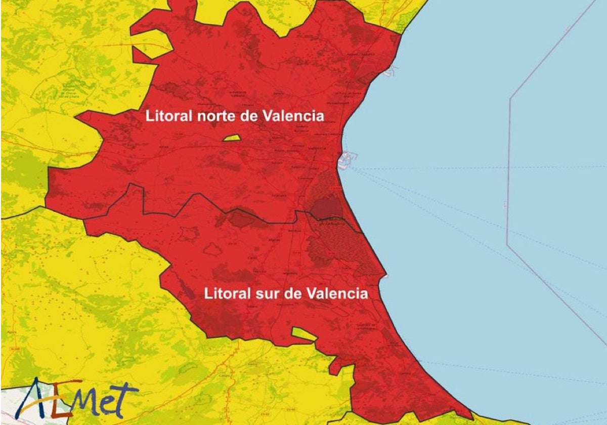 Mapa con el aviso rojo de la Agencia Estatal de Meteorología (Aemet) este miércoles