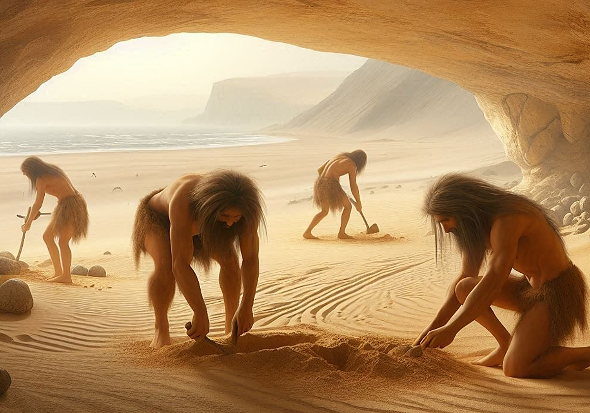 Imagen generada por IA que recrea a neandertales fabricando la estructura