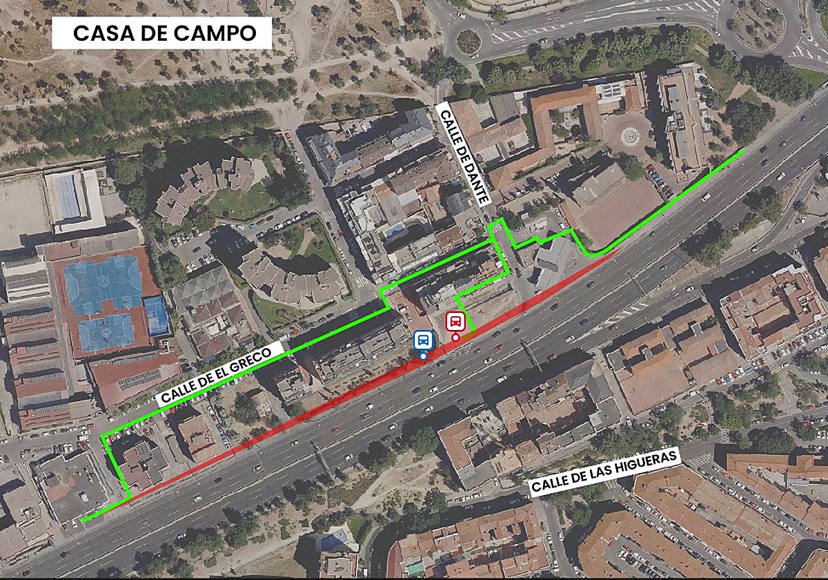 Vía que se verá afectada por la obra y la ruta peatonal alternativa