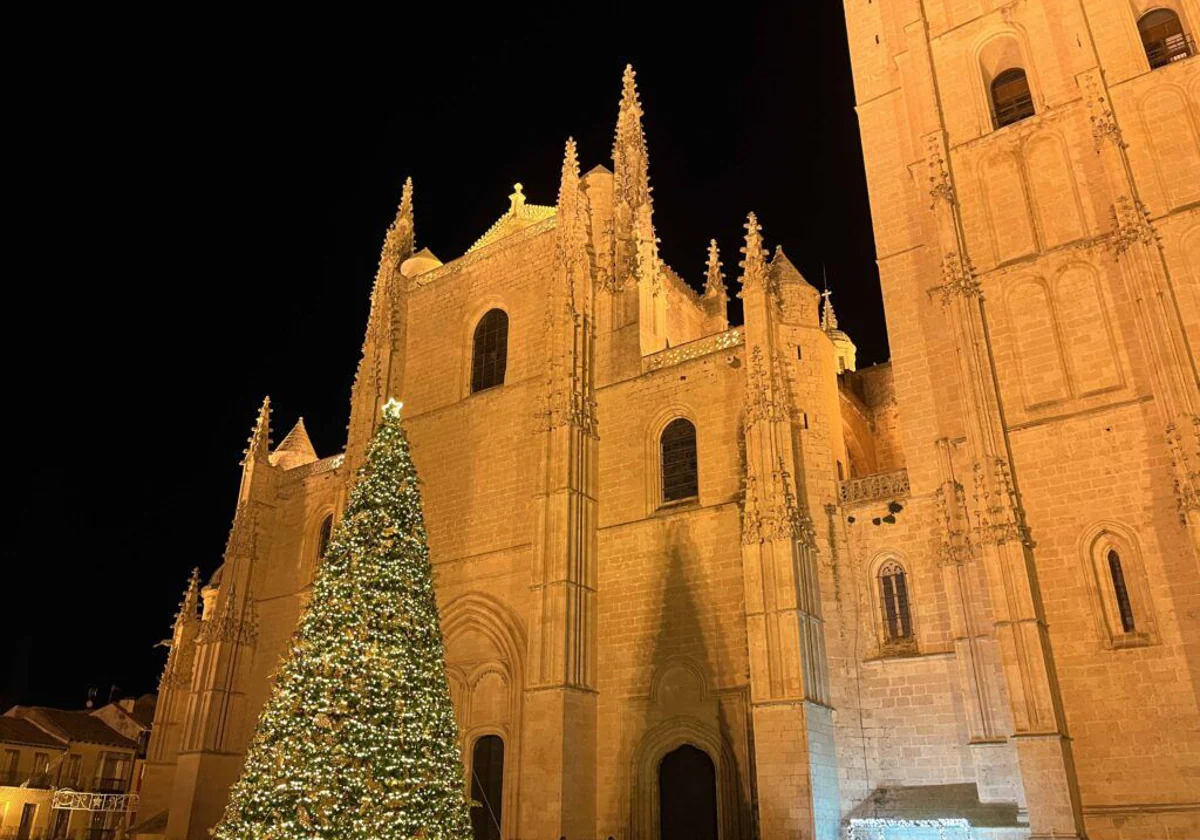 Árbol de Navidad ya encendido en el Enlosado de la Catedral de Segovia