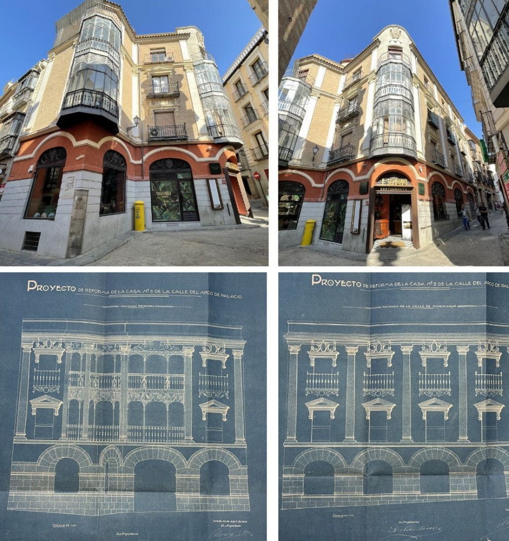 En 1923, Dolores Navarro solicitó permiso al Ayuntamiento para modificar su propiedad situada entre las calles de Nuncio Viejo y Arco de Palacio. Abajo el proyecto original (Archivo Municipal de Toledo) con un local comercial y dos plantas de viviendas que propuso Álvaro González Saz (Fotos RAFAEL DEL CERRO)