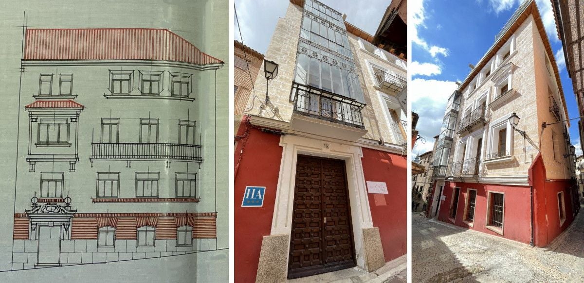 A la izquierda, alzado del proyecto de A. González Saz para el procurador Pablo Riesco Alonso (Archivo Municipal de Toledo,1932). A la derecha la resolución final de la obra de la fachada principal en la calle de la Sinagoga. Fotos RAFAEL DEL CERRO)