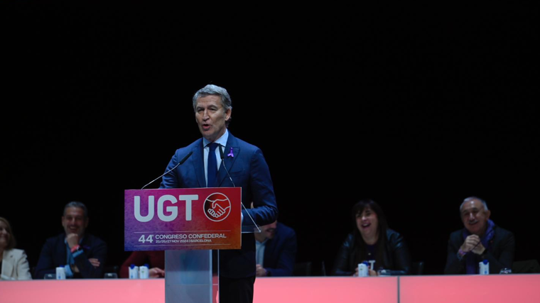 Alberto Núñez Feijóo, hoy, durante su intervención en el congreso de UGT