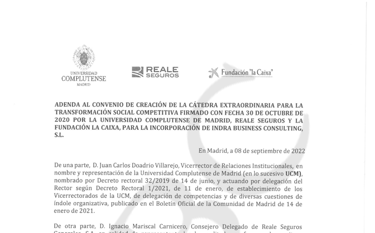 Imagen - Extracto del documento relativo a la adenda del convenio de creación de la cátedra de Begoña Gómez con fecha de 2022