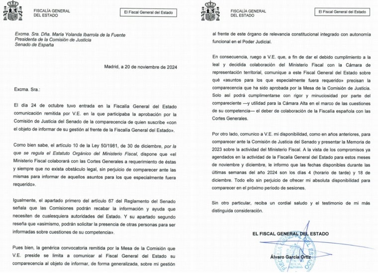 Carta del fiscal general a la presidenta de la Comisión de Justicia