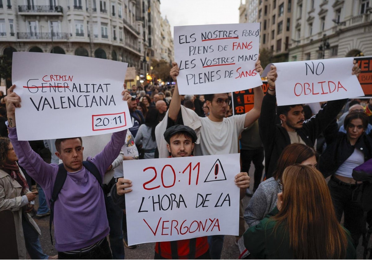 Varios manifestantes asisten a la segunda protesta en Valencia contra la gestión política de la DANA