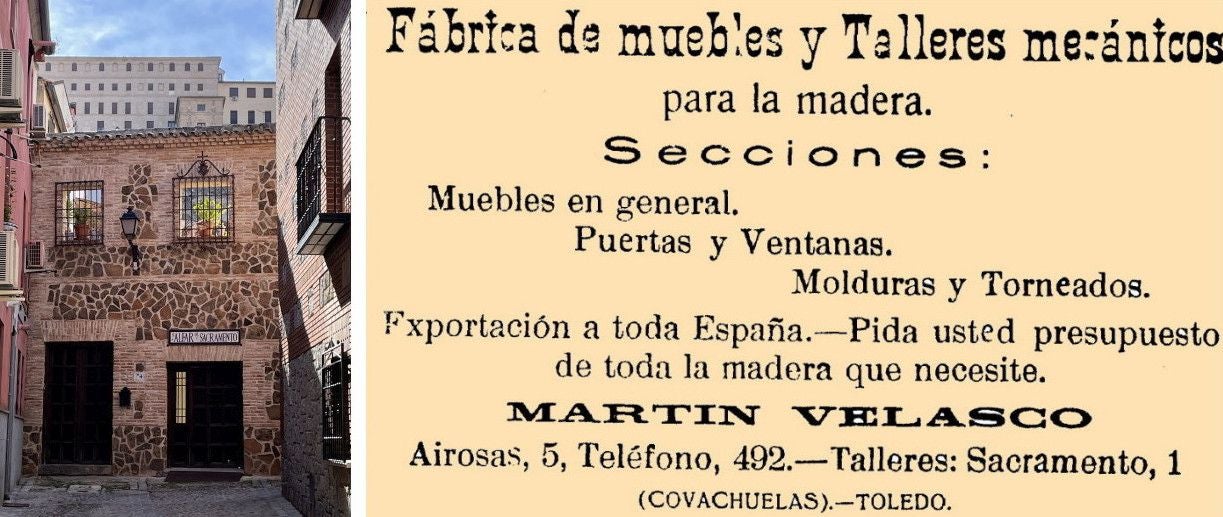 Anuncio publicado en 1923 referido a los talleres de La Hispano-Alemana en la calle “Sacramento, 1 (Covachuelas)”. En otros momentos la publicidad indicaba: “Sacramento, 1 (Arrabal)”. El nombre de esta modesta vía, inmediata al callejón de la Antequeruela, ha desaparecido del callejero oficial. Pervive aún el recuerdo entre los vecinos y en algún moderno rótulo comercial como muestra la foto (Rafael del Cerro)