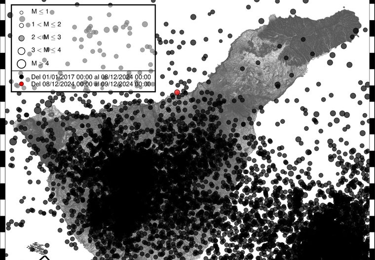Comparación entre la sismicidad registrada en Tenerife por la Red Sísmica Canaria (INVOLCAN) desde el 2017, y el último terremoto, marcado en rojo.