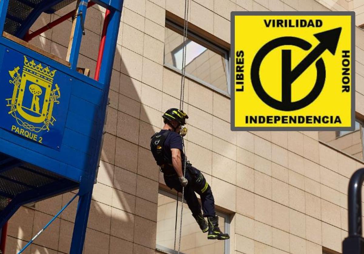 Entrenamiento en un parque de bomberos en 2019 y el símbolo del grupo al que seguía el opositor transexual
