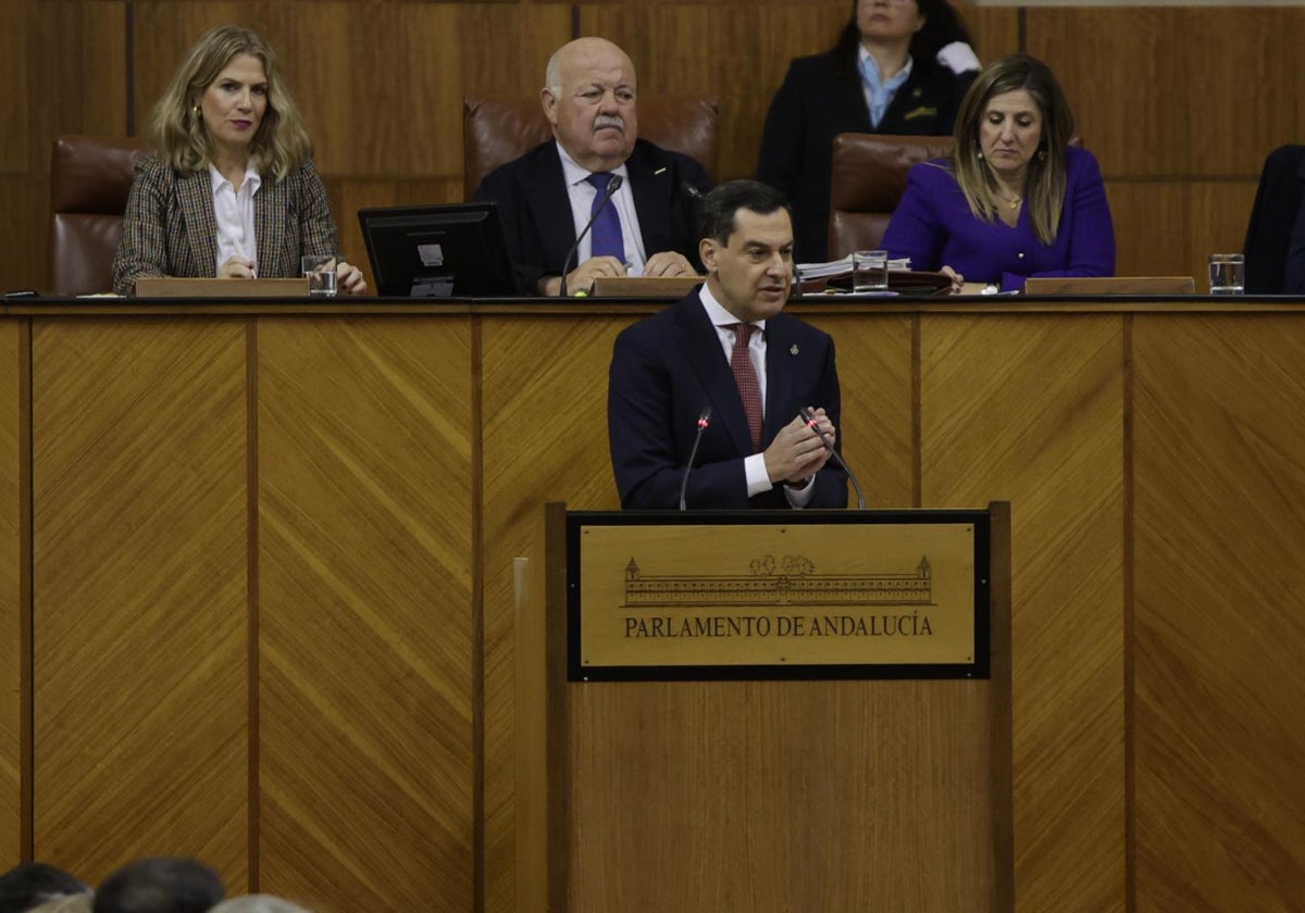 El presidente andaluz, Juanma Moreno, durante su intervención