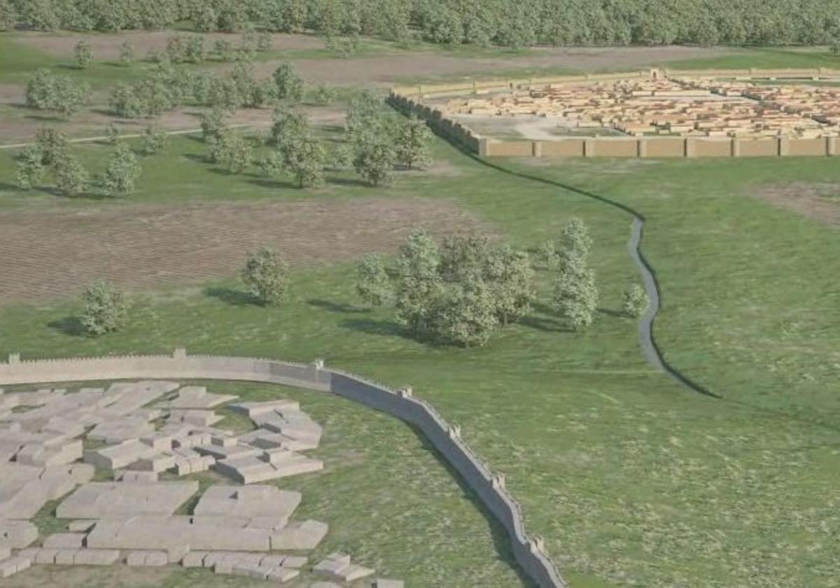 Recreación de la UCO del asentamiento íbero del Parque Cruz Conde y el asentamiento militar romano al fondo