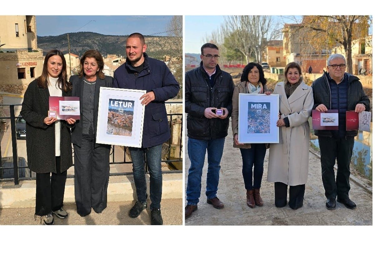 Carmen Amores, directora general de Castilla-La Mancha Media, con los alcaldes de Letur y Mira