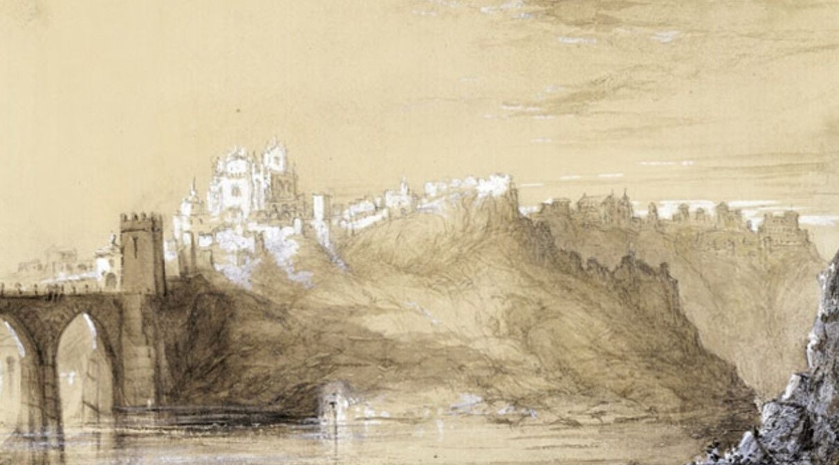 'Vista hacia San Juan de los Reyes'. Aguada, lápiz y toques de albayalde sobre papel (153 x 252 mm). Pieza exhibida en la exposición organizada por la Real Academia de Bellas Artes de San Fernando y la Fundación Mapfe en Sevilla (2014-2015). 'Catálogo', núm. 131