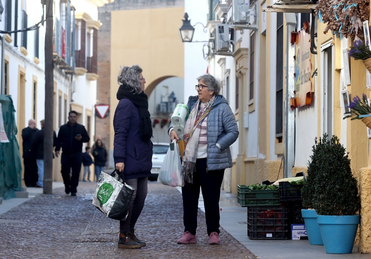 Dos mujeres conversan en la calle de Enmedio tras hacer la compra