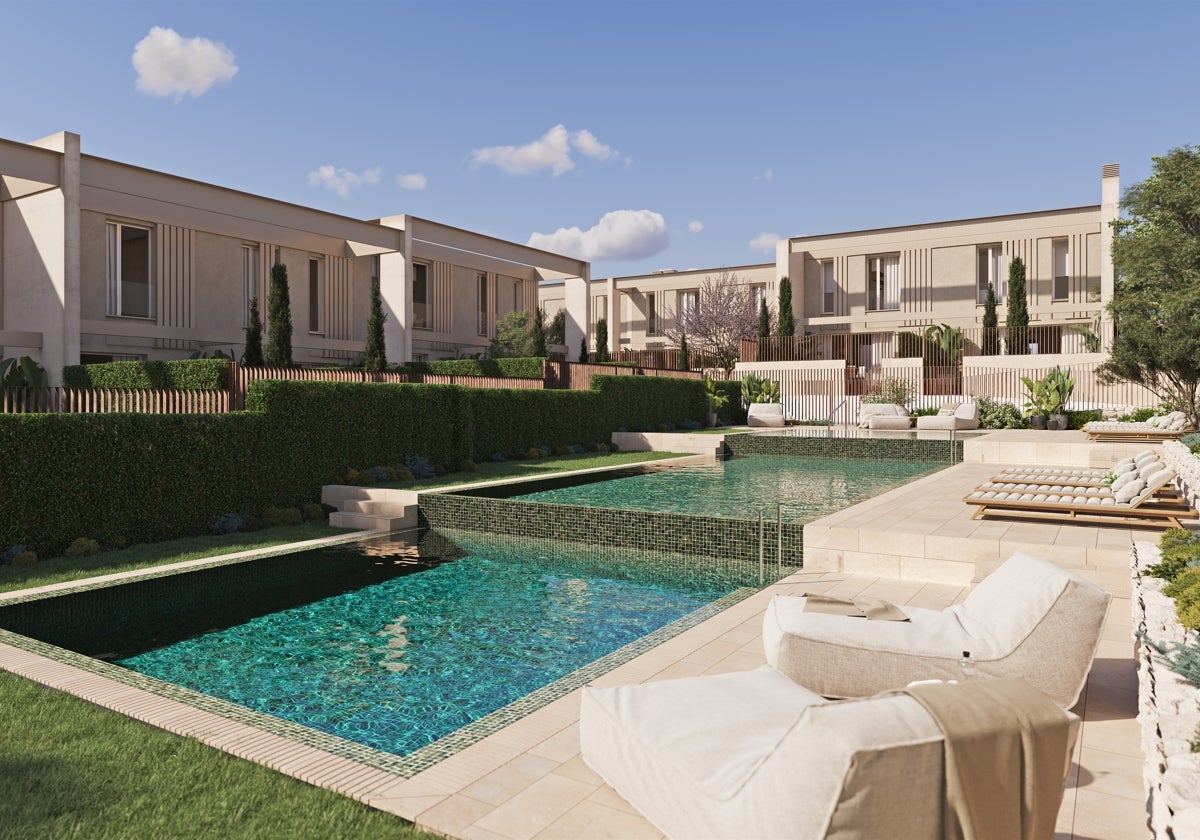 Piscina comunitaria en una imagen virtual de la nueva promoción de viviendas de AEDAS Homes en Godella (Valencia)