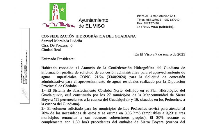 Extracto de la alegación presentada ahora por el alcalde de El Viso a la conducción de agua de la Diputación con el proyecto de la Junta