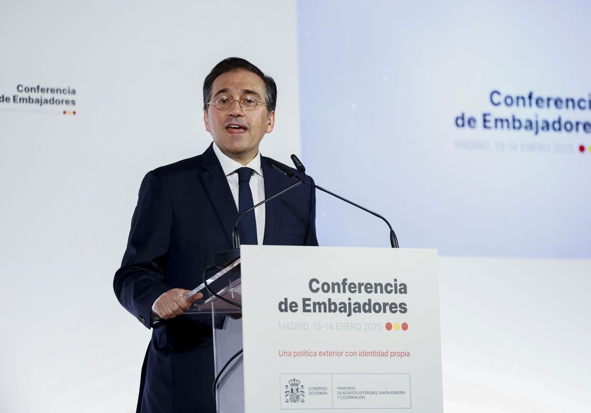 El ministro de Asuntos Exteriores, José Manuel Albares, esta mañana, en la Conferencia de Embajadores