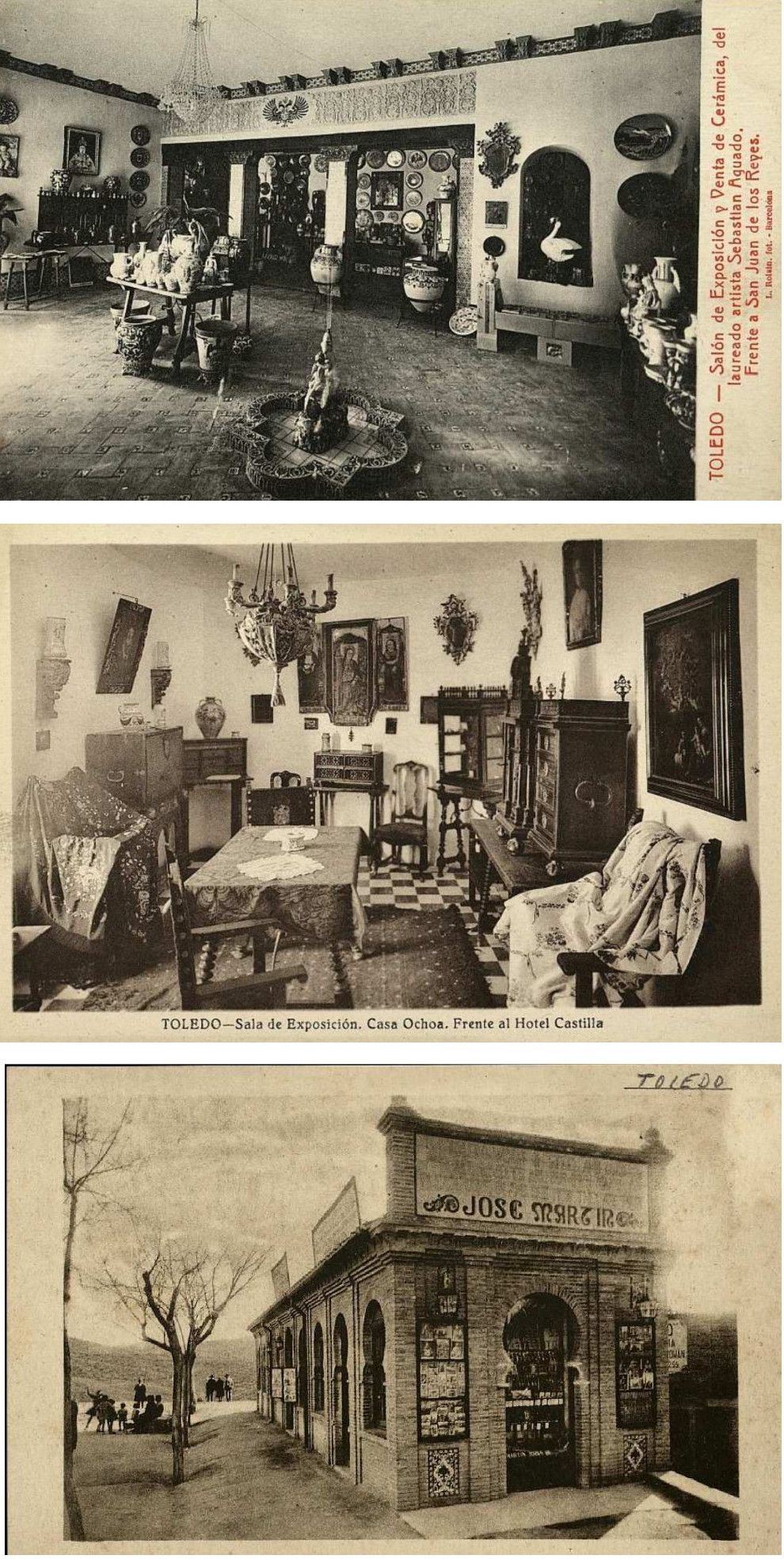 Postales de comercios dedicados a la venta de objetos artísticos editadas entre 1920 y 1930. Desde arriba, tienda-exposición de cerámica de Sebastián Aguado, la casa de antigüedades de Ochoa frente a la puerta del Hotel Castilla y el local de José Martín con objetos de damasquinado en el paseo del Tránsito. Archivo Municipal de Toledo. Colección de postales