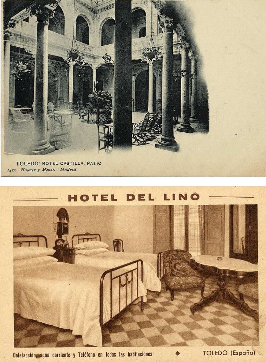 Dos tarjetas de hoteles toledanos. Arriba, la que publicitaba el lujoso Hotel Castilla. Se editó en los talleres madrileños de Hauser y Menet antes de 1904, cuando el anverso acogía un espacio para el mensaje pues, en el reverso, solo se escribían los datos del destinatario. Debajo, postal del Hotel de Lino, distribuida hacia 1930, mostrado el interior de una de sus habitaciones dotadas de “calefacción, agua corriente y teléfono”. Archivo Municipal de Toledo