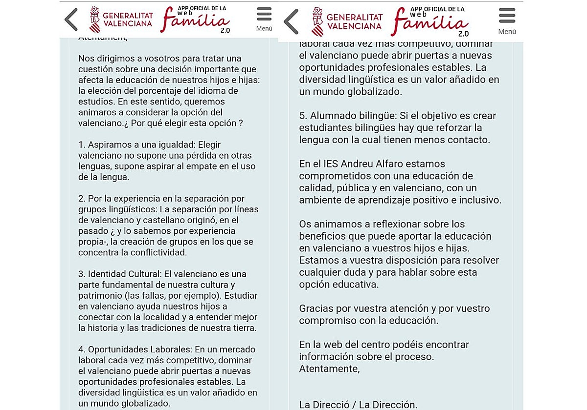 La controvertida carta dirigida por el director de un instituto de Paiporta a las familias recomendando votar valenciano y no castellano